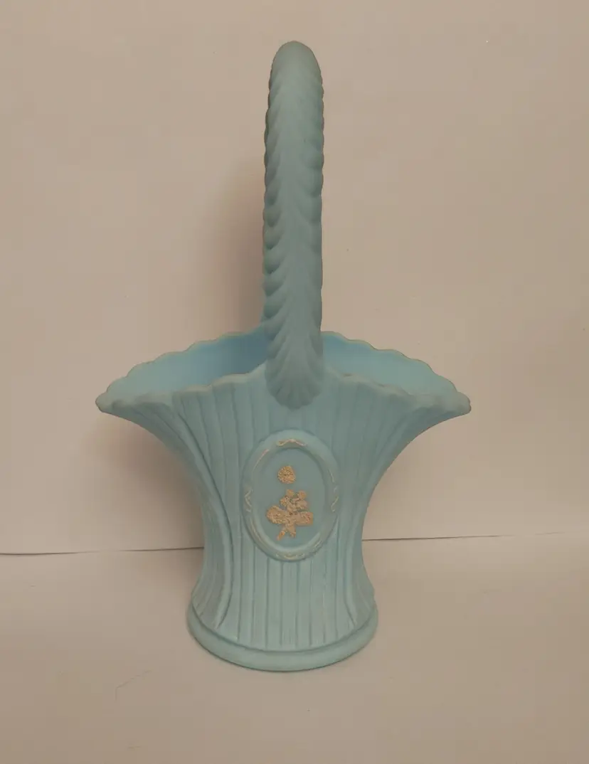 Westmoreland Light Blue Satin Basket. Cameo bouquet. No chips. 9.5 inches high.