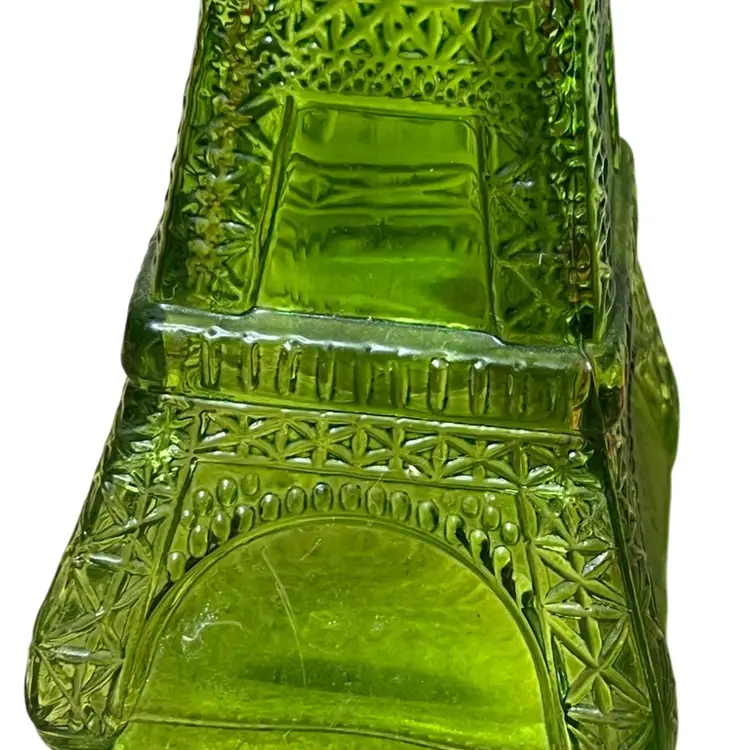 Vintage Green Eiffel Tower Shaped Bottle With Cork 11.5”