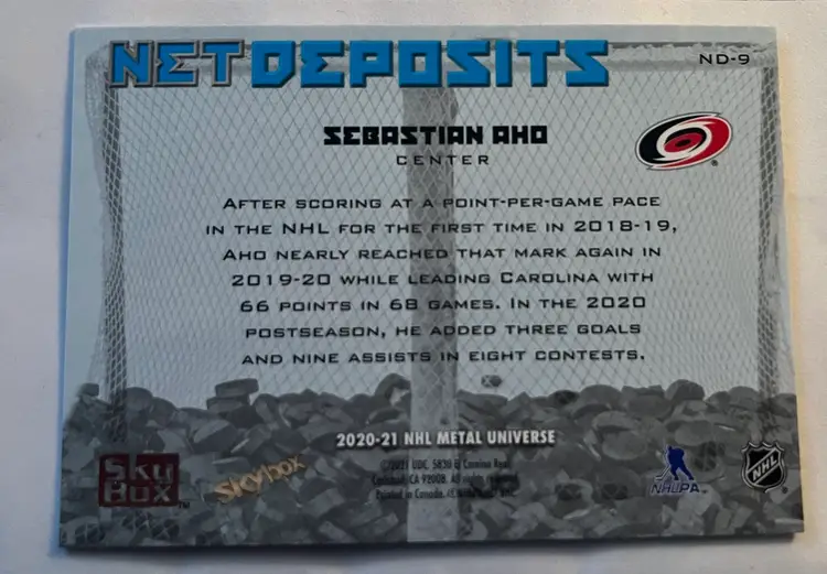 2020-21 Skybox Metal Universe Sebastian Aho Net Deposits