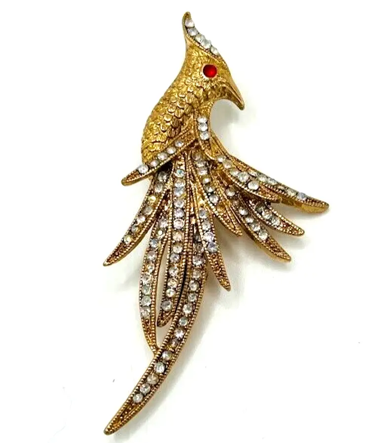 Vintage Gold Tone Bird of Paradise Brooch Phoenix Bird Pave Rhinestone Brooch