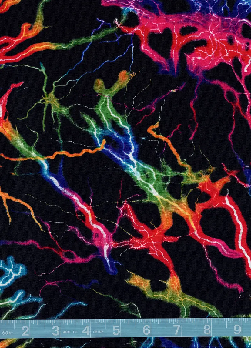 Rainbow Lightning Cotton Quilt Fabric by the Yard – Neon Lightning Bolt Quilting Fabric on Black – Electric Colorful Sewing Fabric (100% Cotton)
