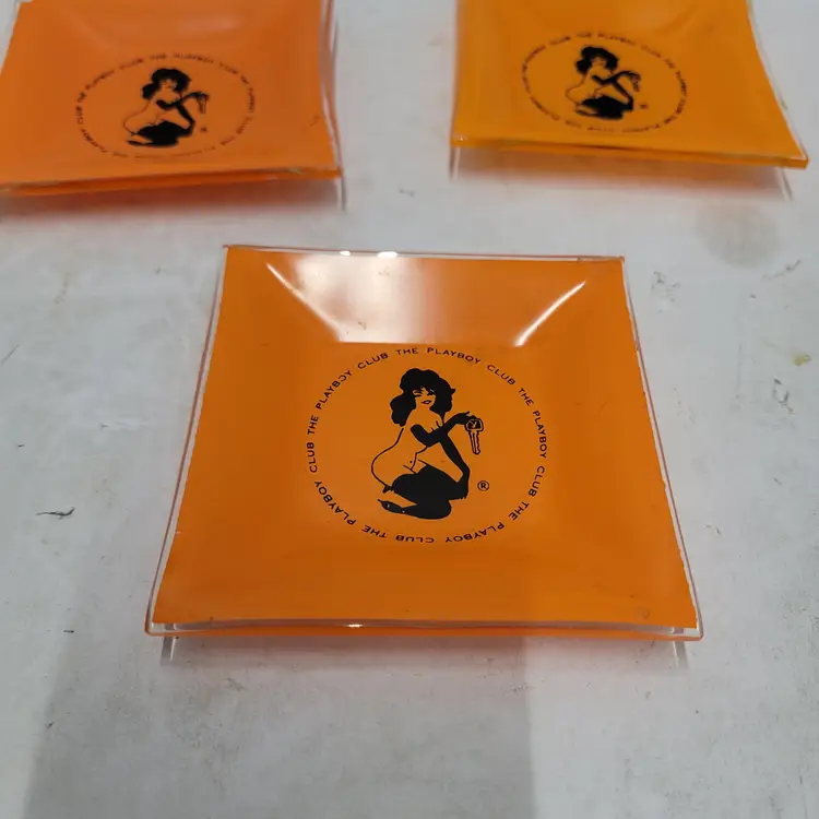 3 Vintage 60s “The Playboy Club” Bunny Key Orange Painted Glass Ashtray Chipped