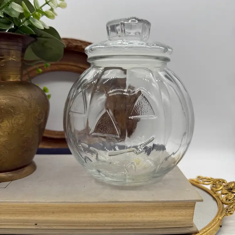 Vintage Libbey Canada Clear Glass Jack-O-Lantern Pumpkin Candy Container w/ Lid