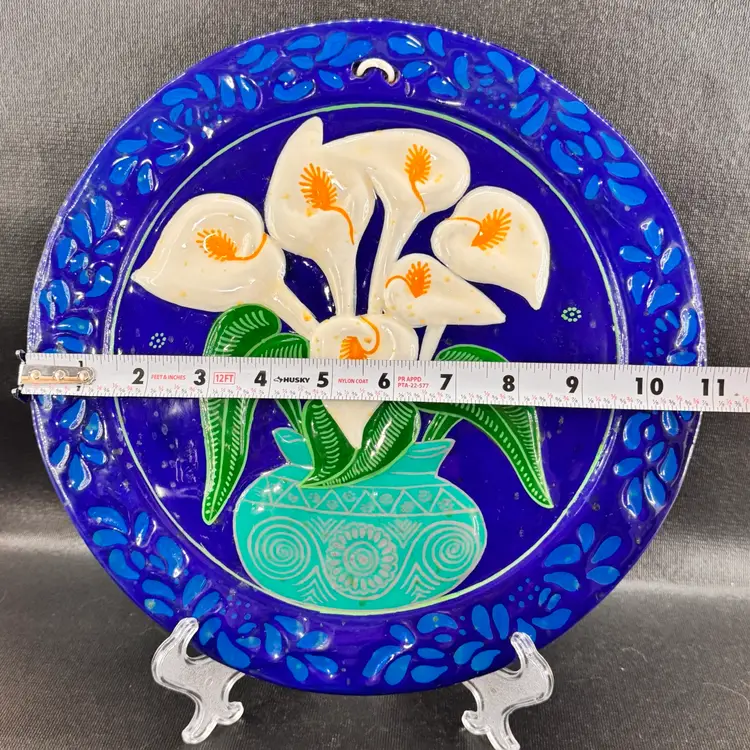 Talavera Hand Painted Pottery 11” Wall Plate Calla Lily Cobalt Blue Folk Art