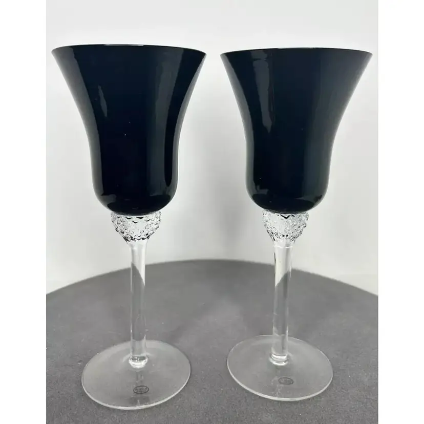 Pair Circleware Crystal Glass Black Diamond Stem Tulip Shape Water Goblet Dc'ed