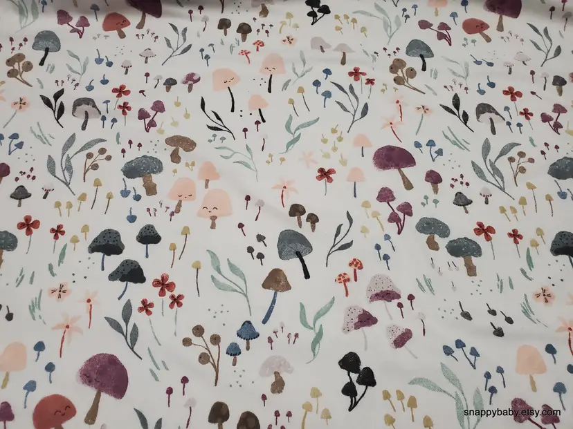 Mushrooms Packed Organic Flannel Fabric Remnant - 100% Cotton - Choose Size - Soft Craft & Quilting Fabric