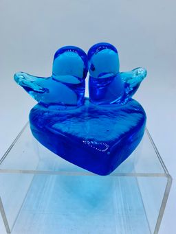 Vtg Ron Ray 1996 Glass Bluebirds of Happiness On Heart Paperweight Signed