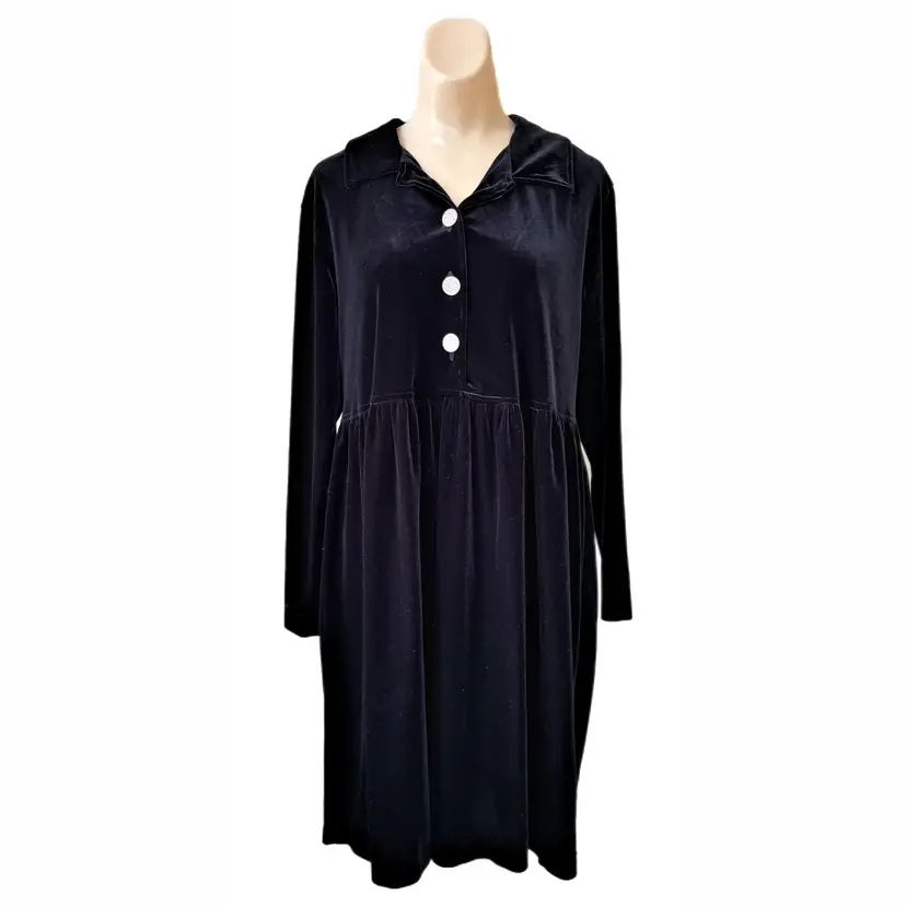 Coldwater Creek Small Velvet Dress Black Buttoned Collared Shirt Made USA Vintage