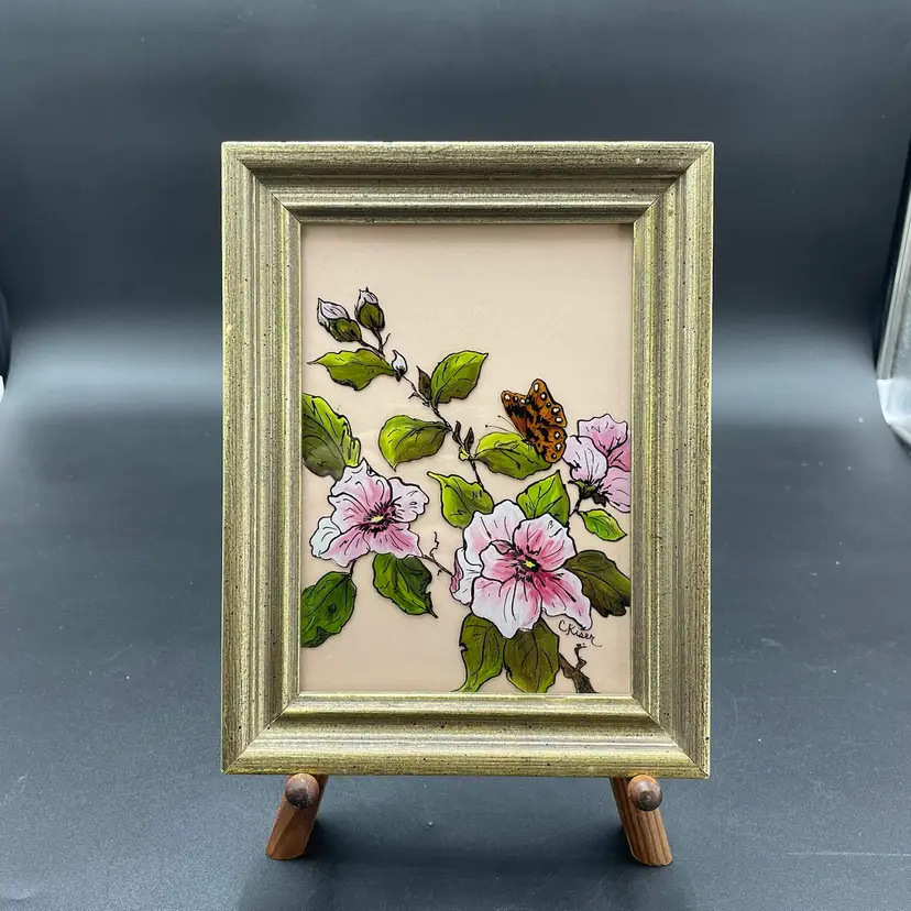 Framed Hand Painted Pink Hibiscus Butterfly Wall Hanging Art Work Signed