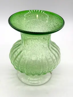 Urn - Amica Art Glass Green Bubble Ribbed Body Clear Pedestal 8.5”H x 6W