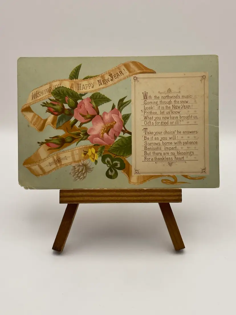Antique Card, “Happy New Year!”, Poem, Pink Florals, Gold Ribbon On A Light Green Background, Writing On Back