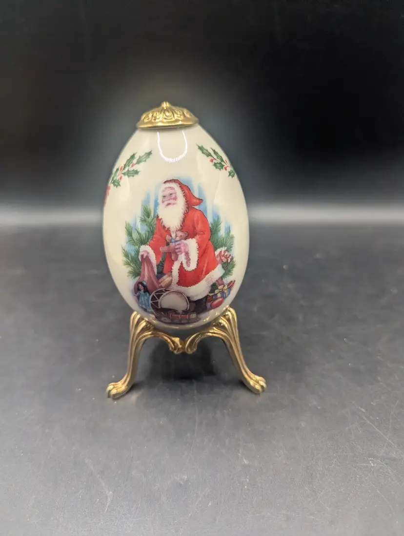 Vintage Lenox China Treasures Collection EGG With Gold Toned Stand - USA made 1994 Santa and Children.