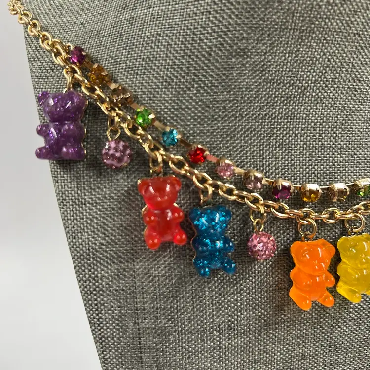 Rainbow Colored Gummy Bear Betsy Johnson Necklace Gold Tone, Plastic, Glass Materials 16” With 3” Extender.  Lobster Clasp.  Has Original Tags