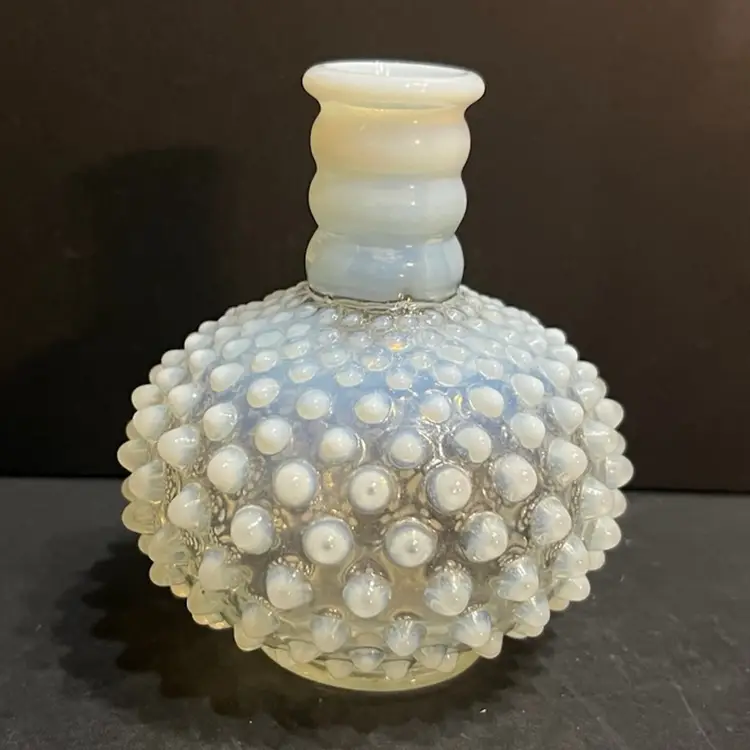 Fenton Vintage Glass Opalescent Hobnail Perfume Bottle, No Stopper *Glows Green* ~4.75” x 4.25” diameter