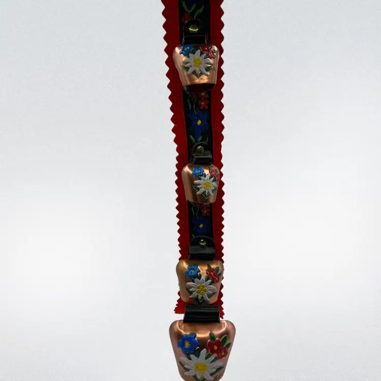 Vintage Swiss Hand Painted 19” 4 Metal Cow Bell Strap Embroidered Flowers Decor