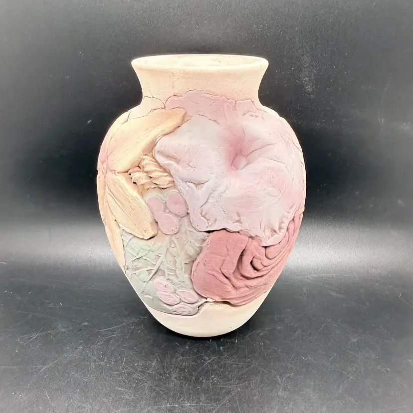 Vintage 2001 John Davis Molded Sculpted Flower Bouquet Studio Pottery Vase 6"