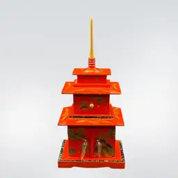 Vintage Japanese 3 Tier Red Lacquer Pagoda Musical Jewelry Box Handpainted