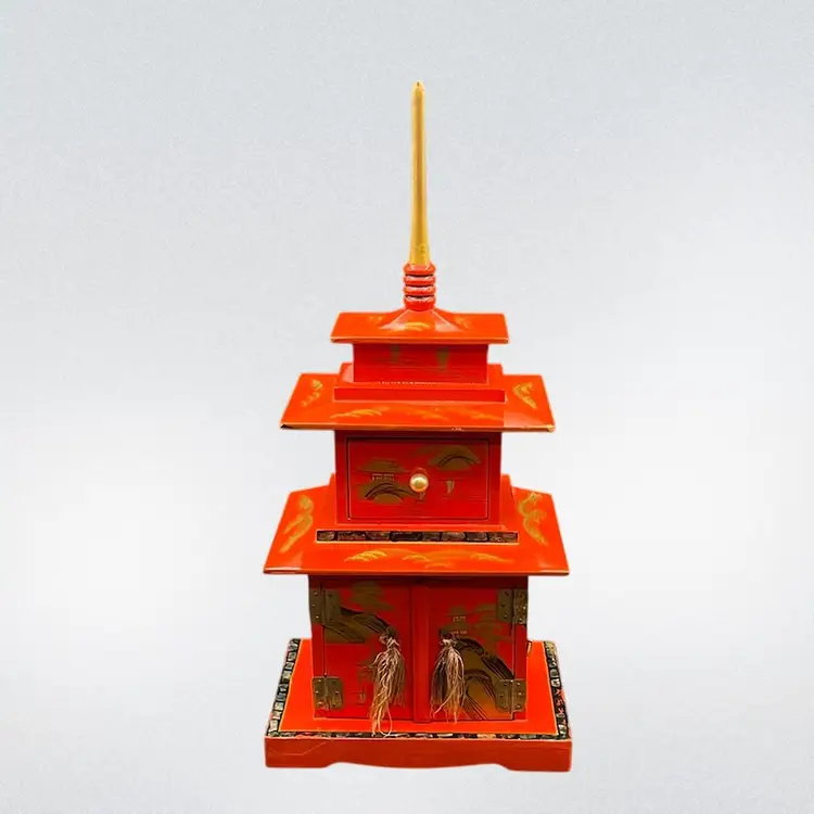 Vintage Japanese 3 Tier Red Lacquer Pagoda Musical Jewelry Box Handpainted