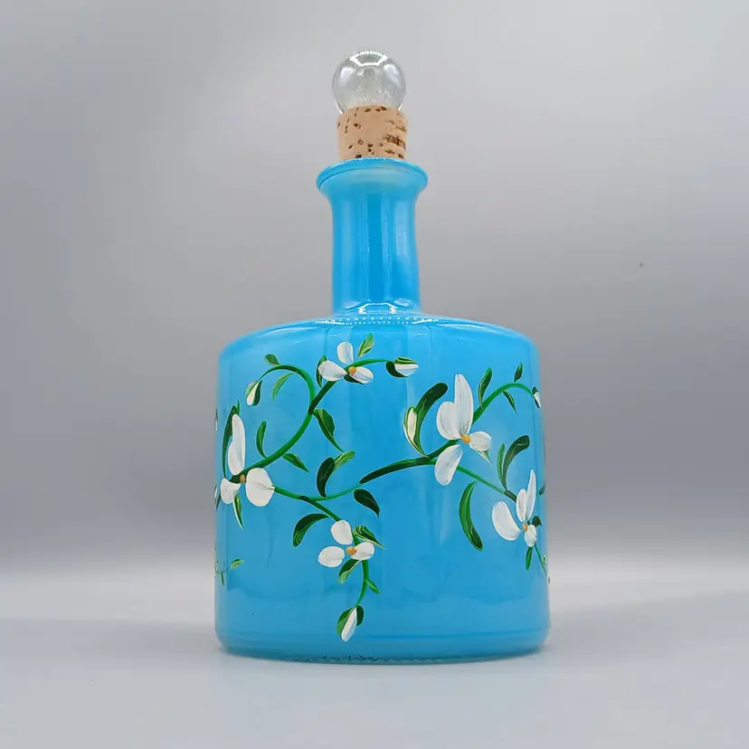 #218 - Hand-Painted Floral Teal Glass Decanter