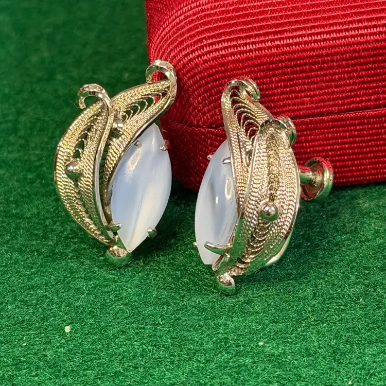 Sterling 925 Silver Filigree Earrings w/ Blue Cats Eye Rhinestones Screw Back Marked AC