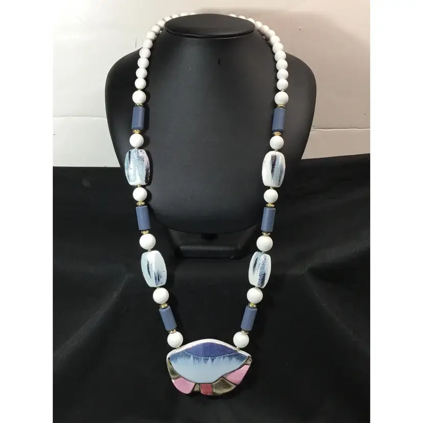Boho, large bead necklace, abstract, ceramic, acrylic, 28"
