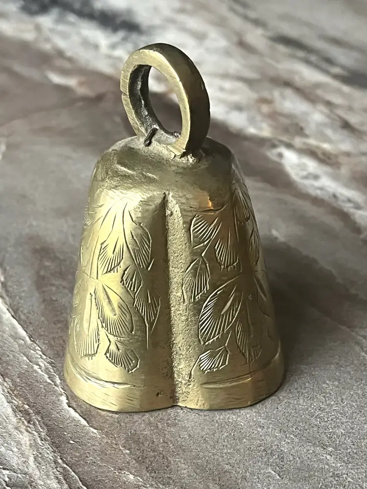 Old Floral Engraved Etched Brass Bell with Clapper 3 inch INDIA