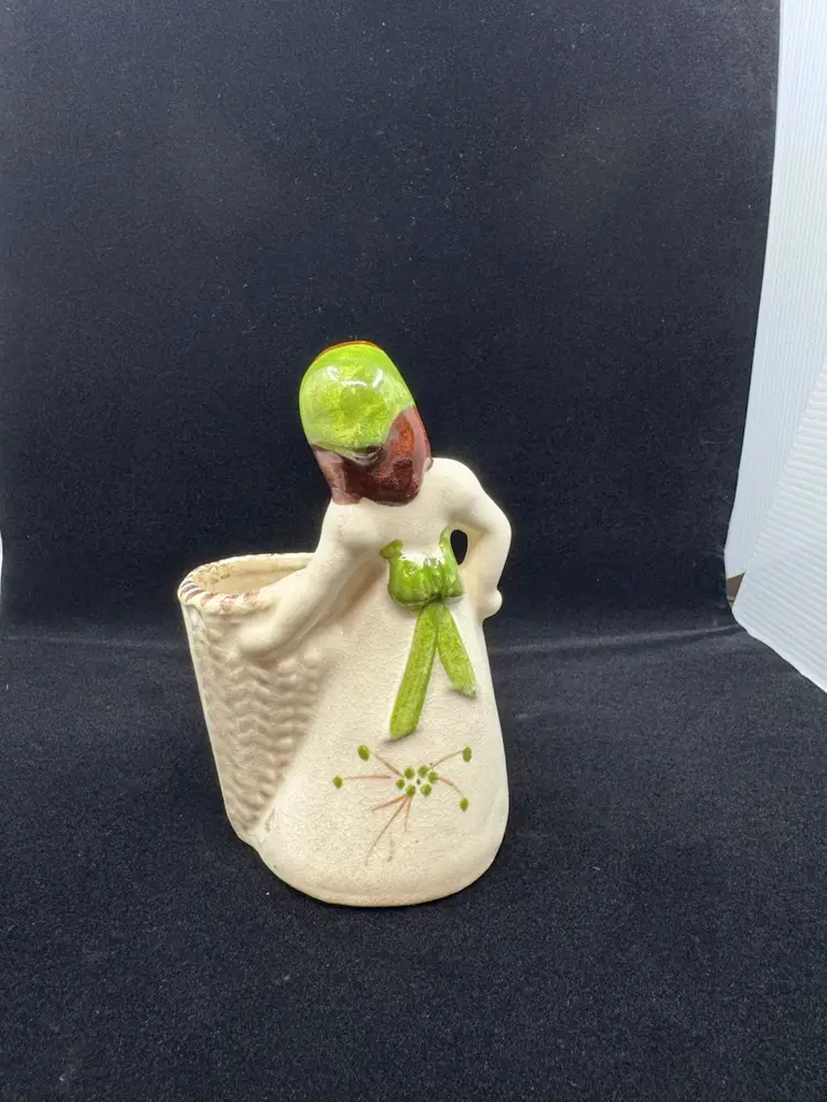 DeLee California Pottery Girl Holding Basket Planter