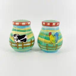 Farmhouse Cow & Rooster 3.5" Ceramic Salt & Pepper Shakers Hand Painted