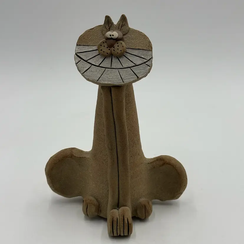 Vintage Stoneware Unglazed Folk Art Pottery Smiling Whimsical Sitting Cheshire Style Cat