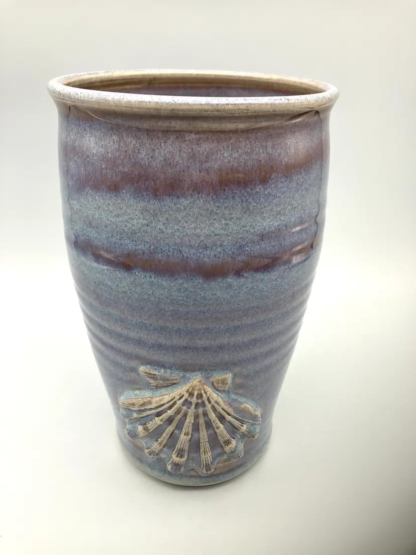 BIN - Studio Pottery 8” Glazed Vase Utensil Holder With Scallop Shell Motif, Signed