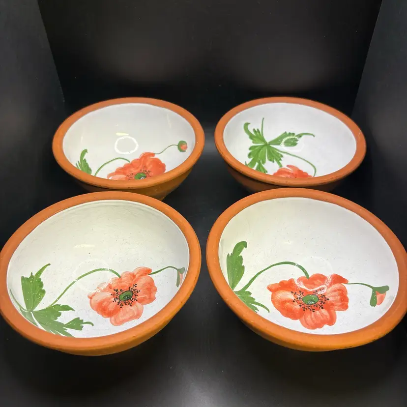 Hand Painted Poppy Redware Portugal Floral Set Of 4 Bowls Dishes