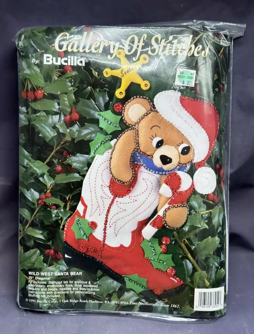 VINTAGE BUCILLA Gallery Stitches Wild West Santa Bear 15" Stocking 33254 #Christmas