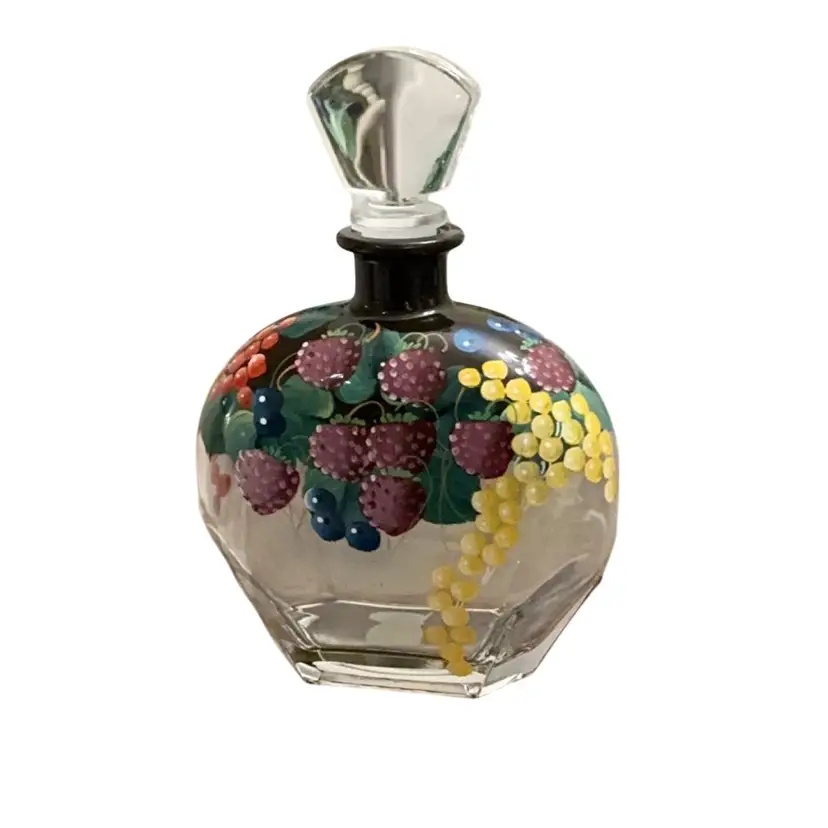 Vintage Hand Painted By J. Bauaui? Italian Art Glass Decanter With Original Stopper Made By Puntoarte Creazioni Artistiche  9” X 6”