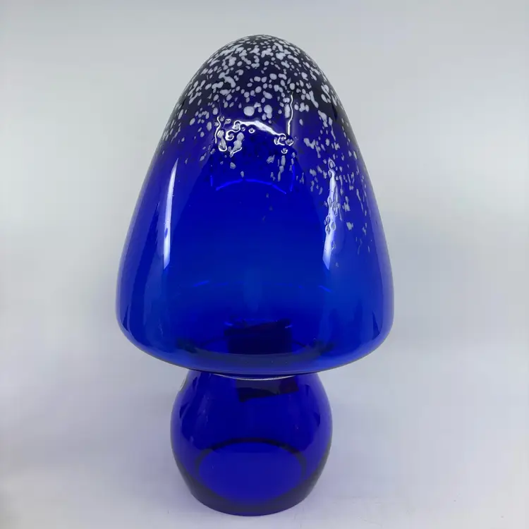 Blenko 2025 Large Cobalt White Frit Tall Cap Mushroom 11”