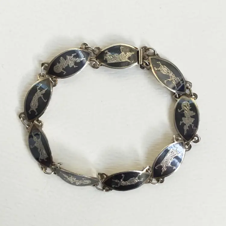 Vintage Sterling Silver Siam Nielloware Dancers Link Panel Bracelet