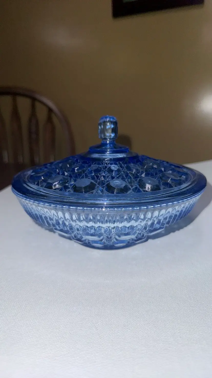 Indiana Cut Blue Glass Windsor Candy Dish Bowl With Lid