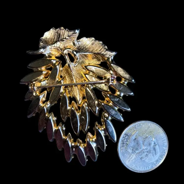 Gold Tone Leaf Brooch With Two Shades Of Green Navetes With 3 Gold Tone Leaves