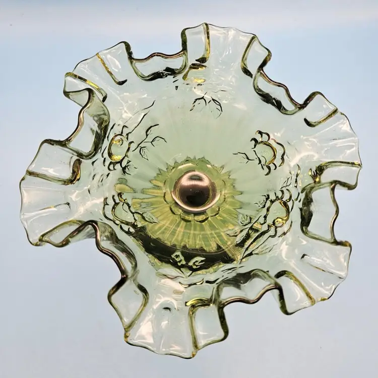 Vintage Fenton Cabbage Rose Ruffled Art Glass Compote Candy Dish Green Colonial