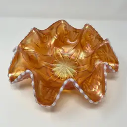 01 - Rare 8-Petal Dugan Carnival Glass Bowl: Peach Opal Jeweled Heart c.1910 - 0033-22