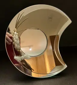 VTG Crescent Moon Mirror Embellished with Gold/Cream Metal Wheat Stalks and Bow