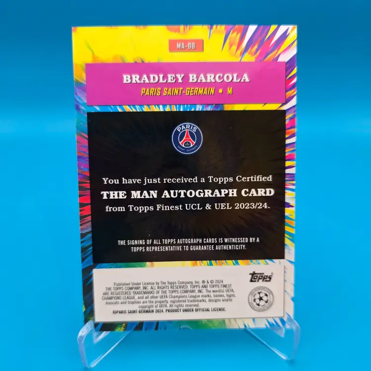 Bradley Barcola RC 2023-24 Topps Finest UEFA The Man Rookie Soccer Card Auto Paris Saint-Germain