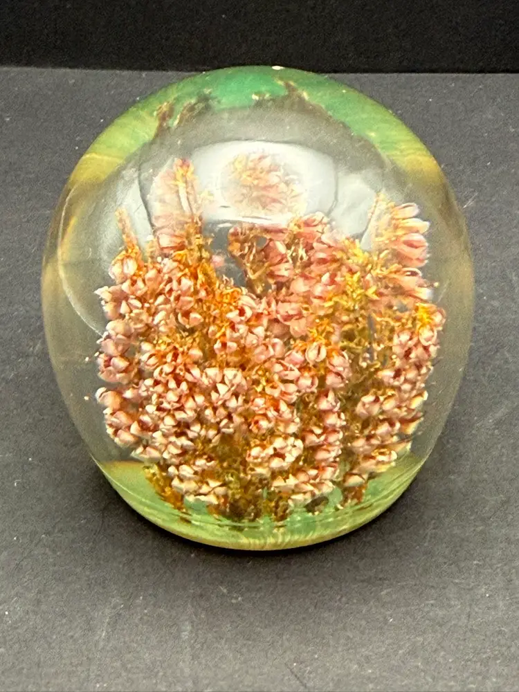 Vintage Resin Lucite Paperweight filled with Pink dried flowers 2.5”