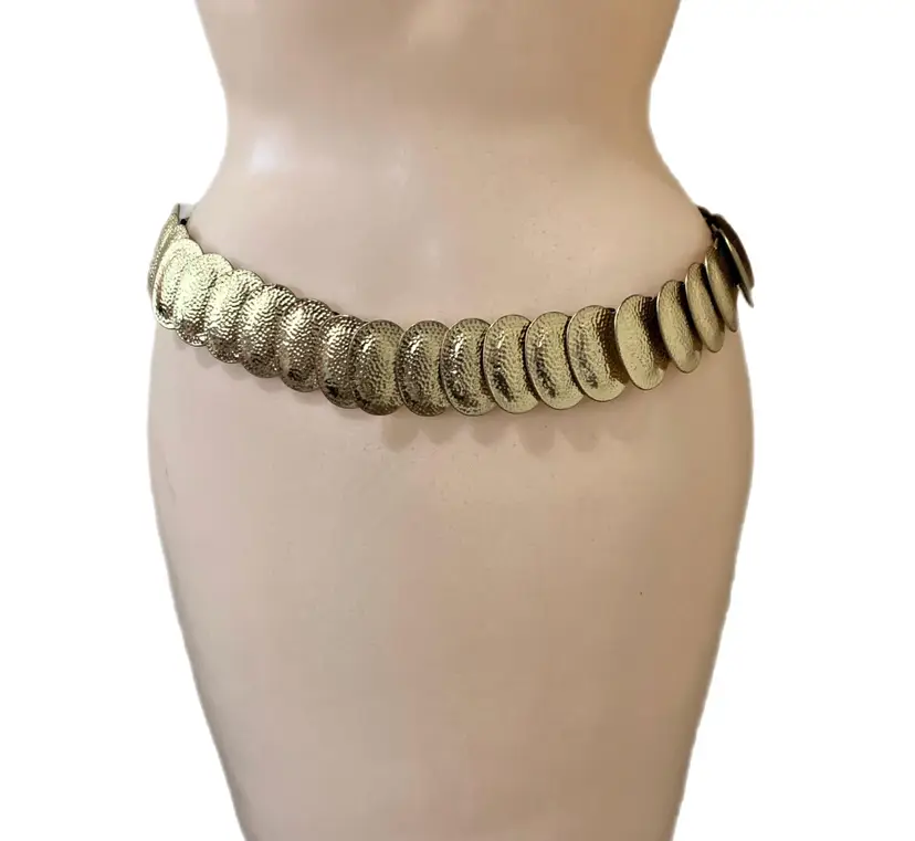 Goldtone Textured Fish Scale Belt Disco Era Elastic Stretch Retro Vintage