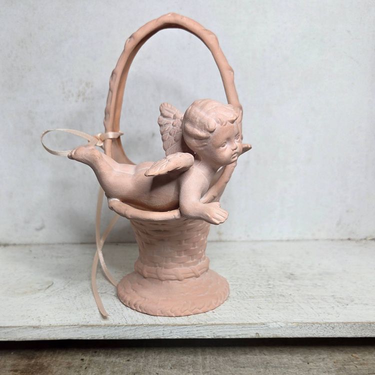 Vintage Ceramic Basket With Cherub Angel Cupid