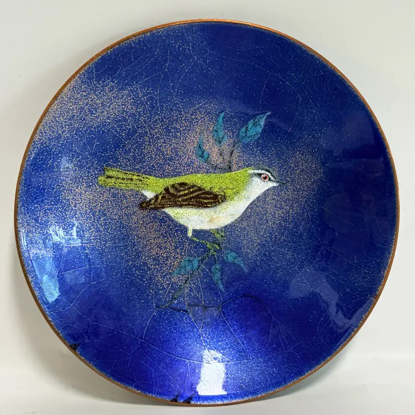 Bovano of Cheshire- Copper Enamel Dish- Red Eyed Vireo Bird- Signed - 5”