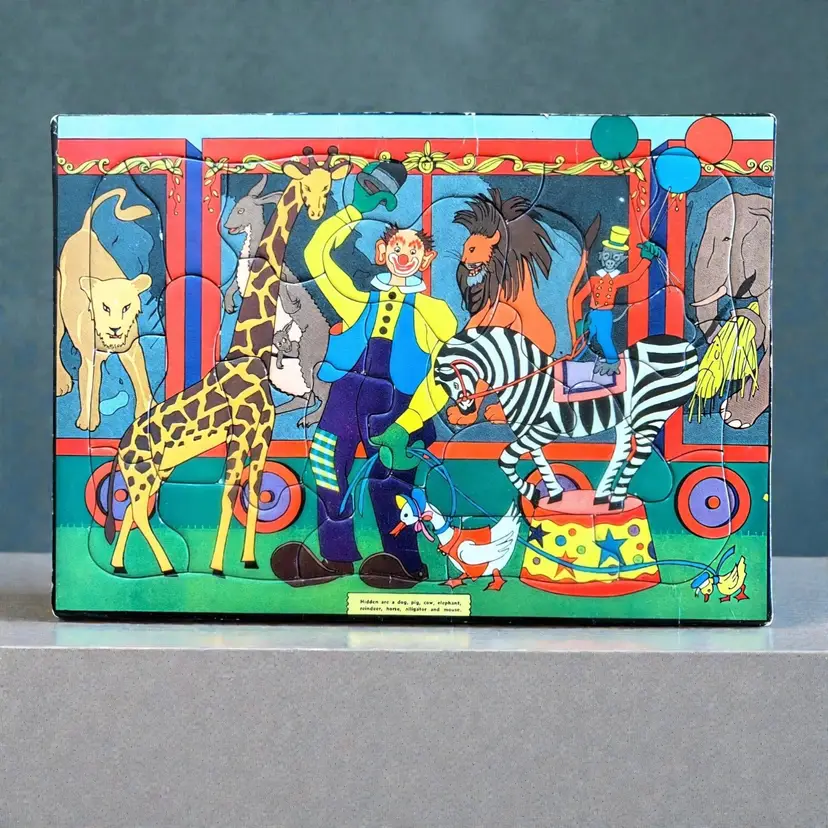 Built Rite Sta-N-Place Puzzle Circus with Clown Giraffe Zebra Lion Tiger Vtg