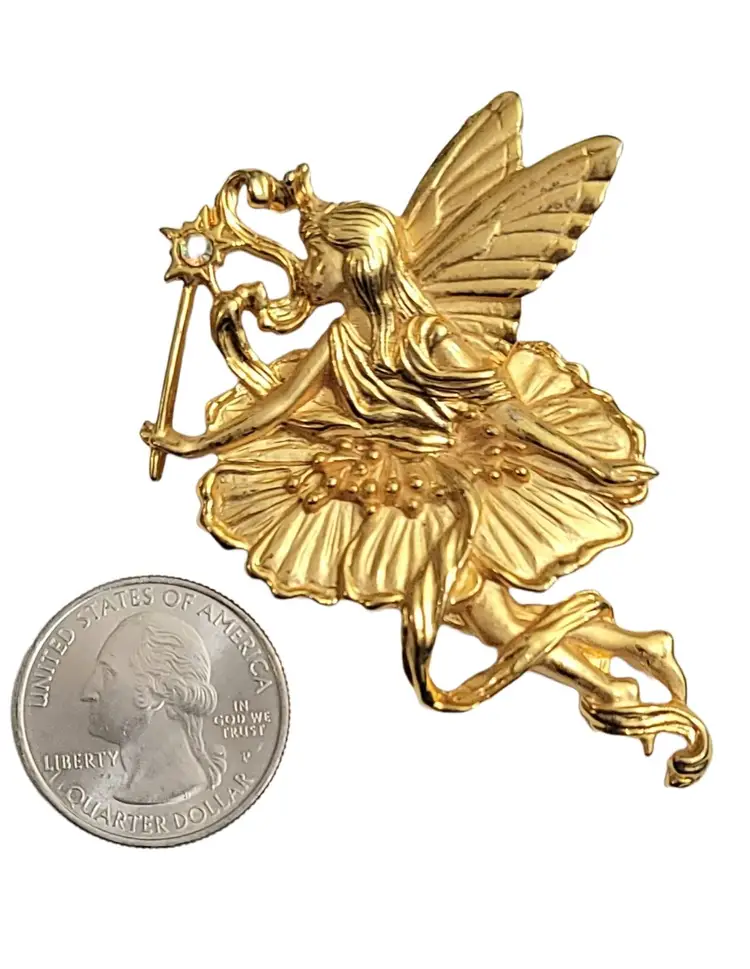 JJ Jonette Jewelry Co. Gold Tone Winged Ballerina Fairy Brooch, Signed