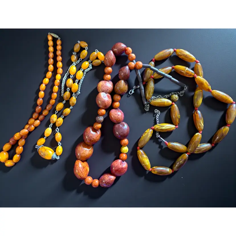 Lot Of 3 Plastic Faux Amber Stone Bead Necklaces - 1 Faux Stone & Nut Bead Necklace - 4 Pieces