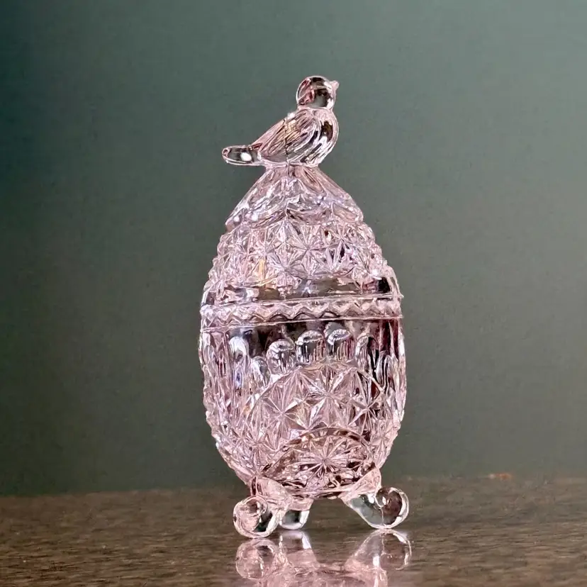 Vintage Hofbauer Byrdes Collection Lead Crystal Bird Finial Egg-Shaped Three-Footed Lidded Trinket Box Made in Germany