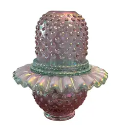 Fenton 1990’s 3-piece Dusty Rose Iridized/Green Hobnail Fairy Light Signed By Shelly Fenton 7” X 6 1/4”